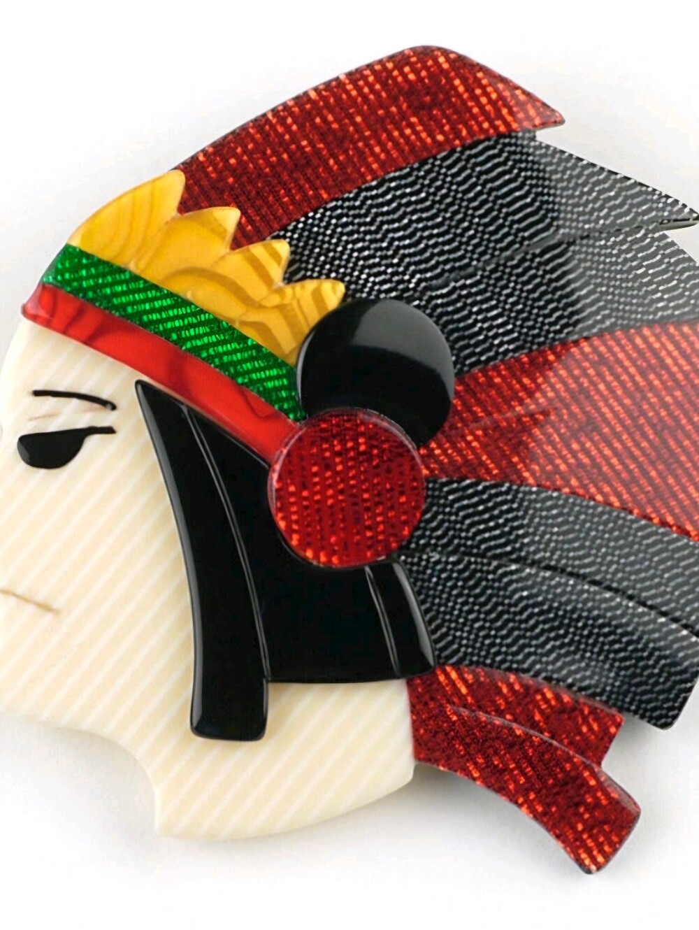 Signed Lea Stein Paris France Indian Chief Brooch Cellulose Acetate Circa 2000